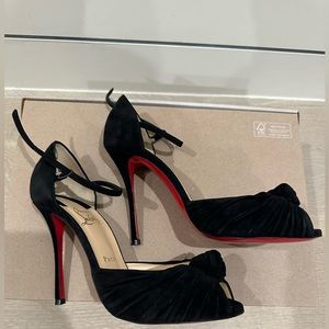 COPY - One of my favorite Louboutin peep toe satin heels. WORN ONCE. Incredibly…